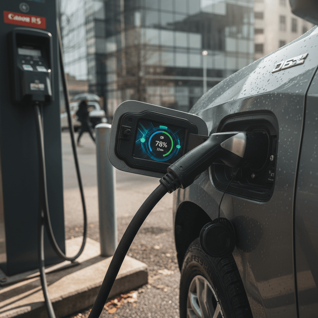 Close-up of a BMW i7 CCS fast charging connector plugged into a DC charger pedestal