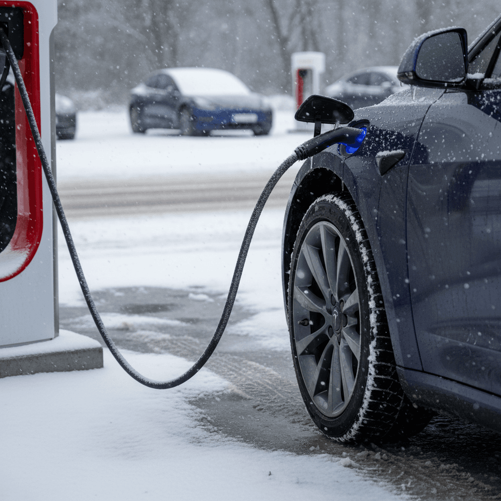 Tesla Model 3 plugged into a Supercharger at a snowy charging station with snow on the ground
