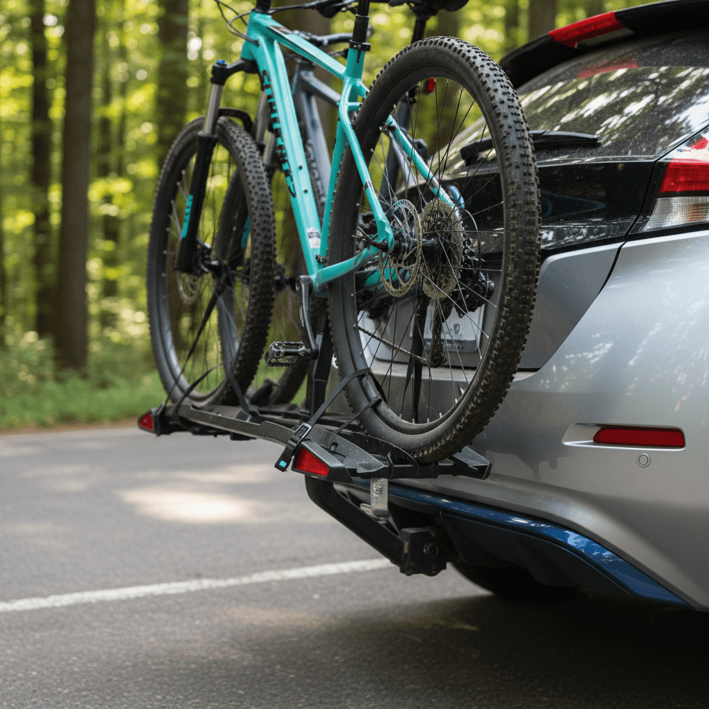 Hitch-mounted bike rack installed on a Nissan Leaf with two bikes, showing clearance to the rear hatch