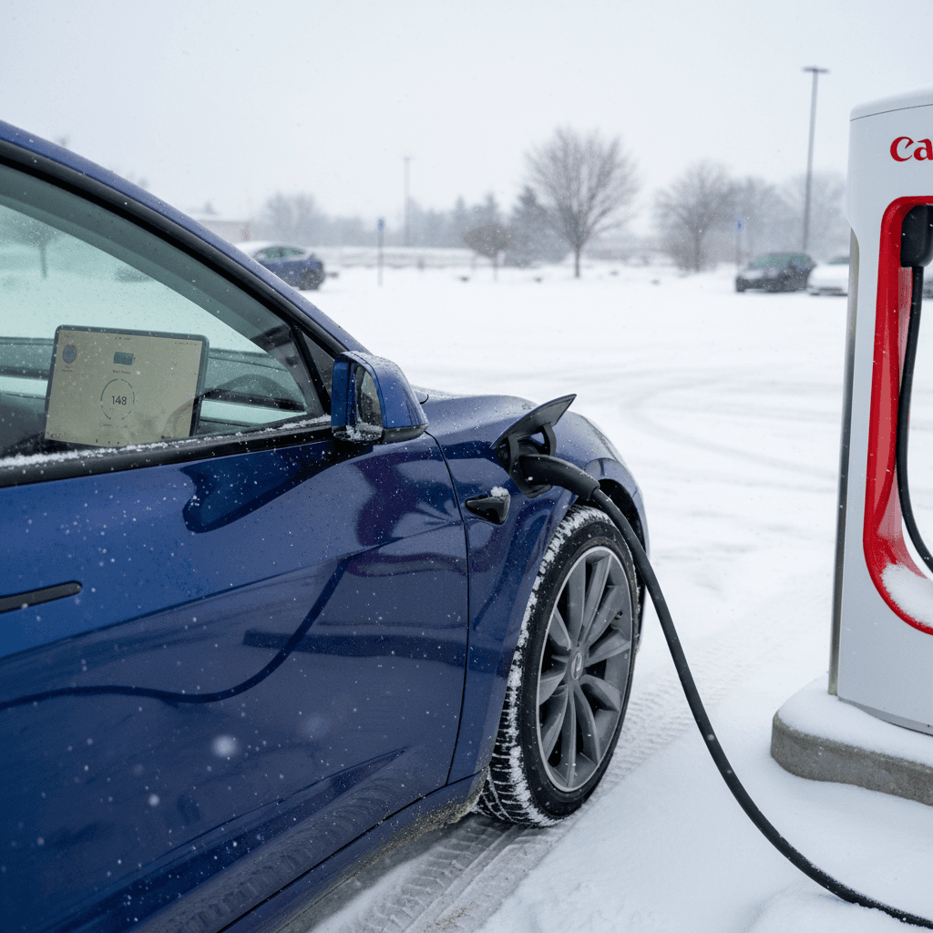 Tesla Model 3 charging at a Supercharger in snowy conditions, battery preconditioning underway