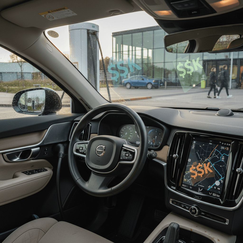 Used Volvo EX90 parked at a DC fast charger with pricing graphics suggesting depreciated value after three years