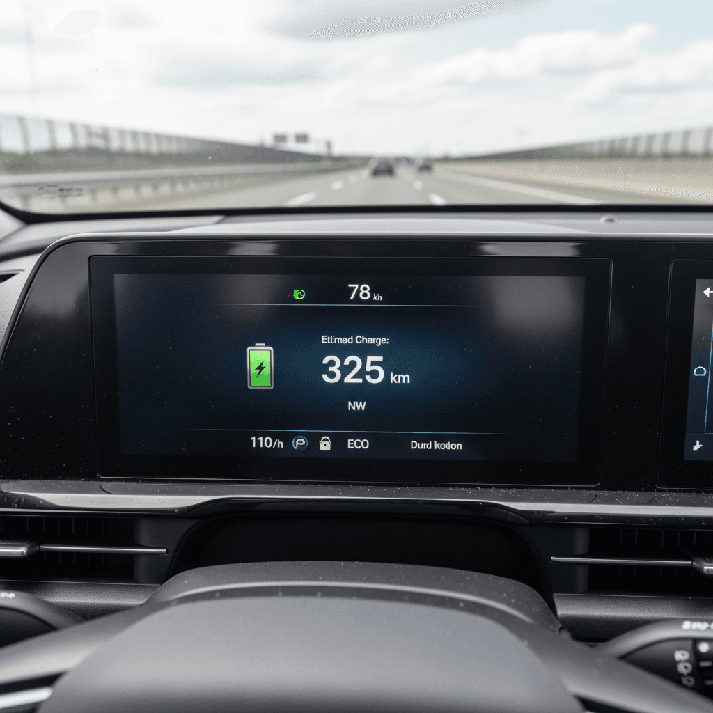 BMW i7 digital instrument cluster showing remaining range estimate on highway drive