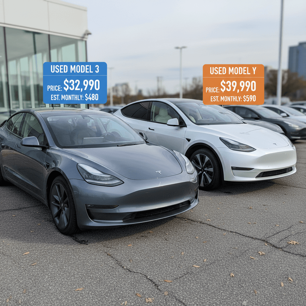 Shopper comparing used Tesla deals on a tablet with price trends in the background