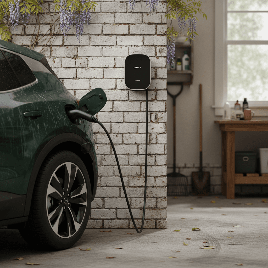 Level 2 home EV charger mounted on a garage wall in a Savannah-style home with an electric crossover plugged in