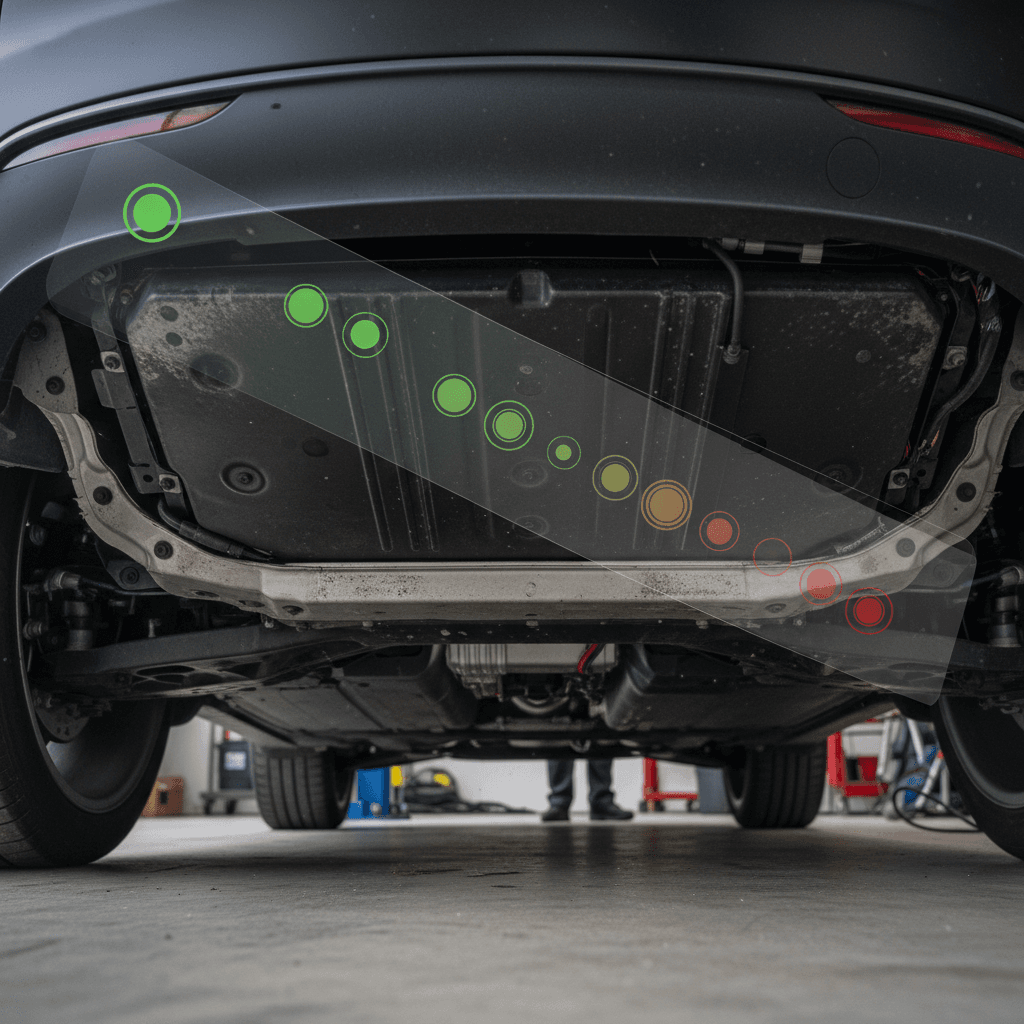 Illustration of Tesla Model Y underbody pack showing battery modules and range icons