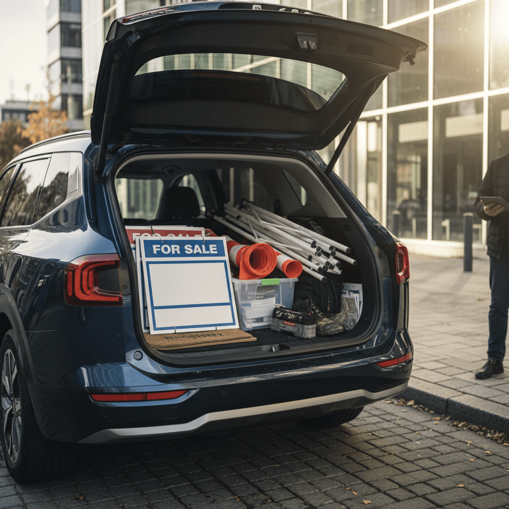 Electric crossover SUV with rear hatch open, showing space for real estate signs and gear