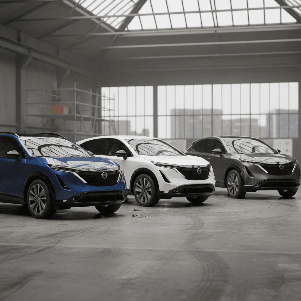 Three Nissan Ariya SUVs in different trims lined up to illustrate Engage, Venture+, and Evolve+ differences