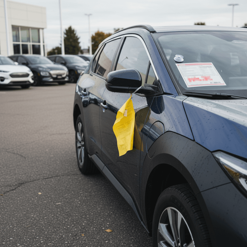 Row of used Subaru Solterra SUVs parked on a lot, each with visible price stickers on the windshield