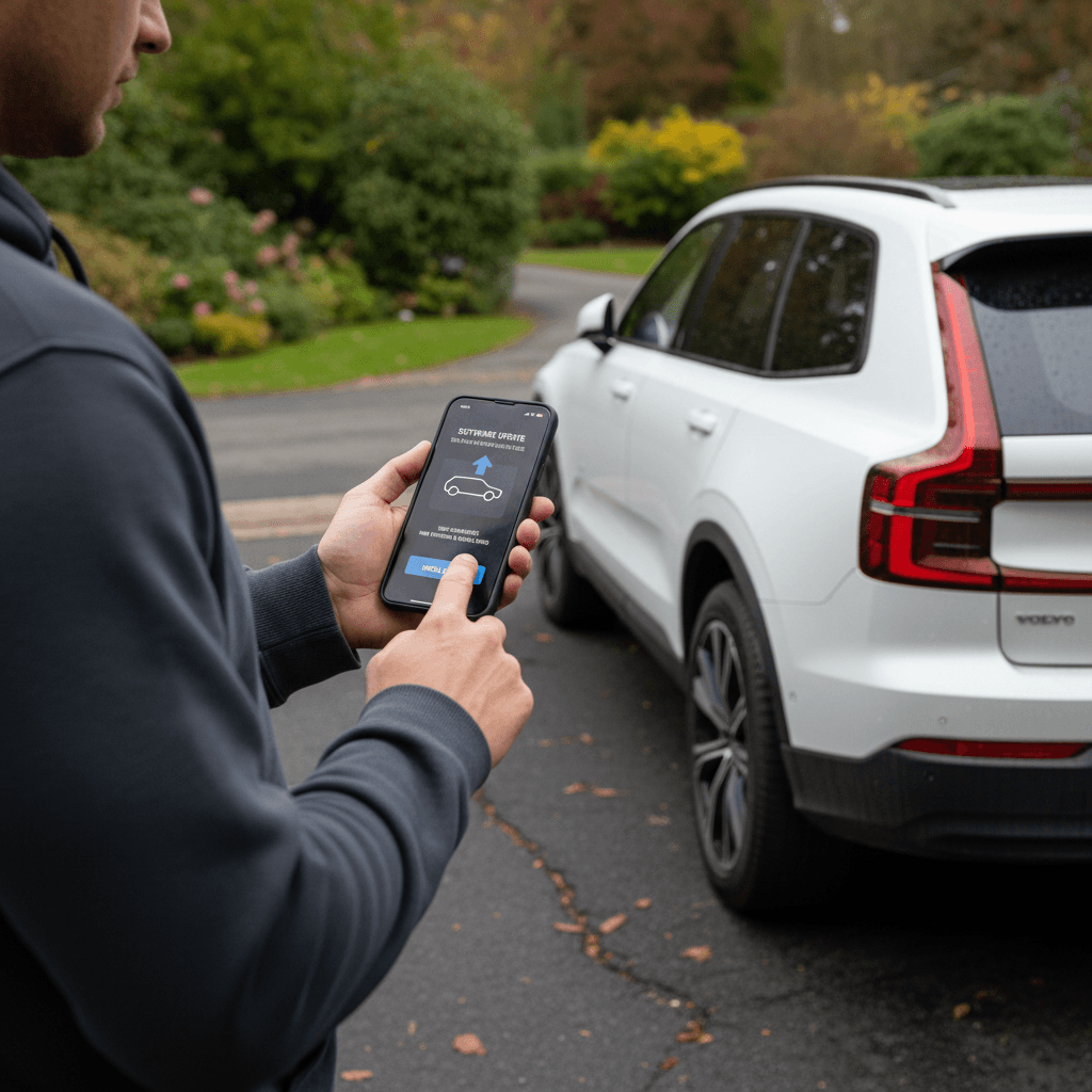 Volvo EX90 parked in a driveway while owner triggers a software update from their phone