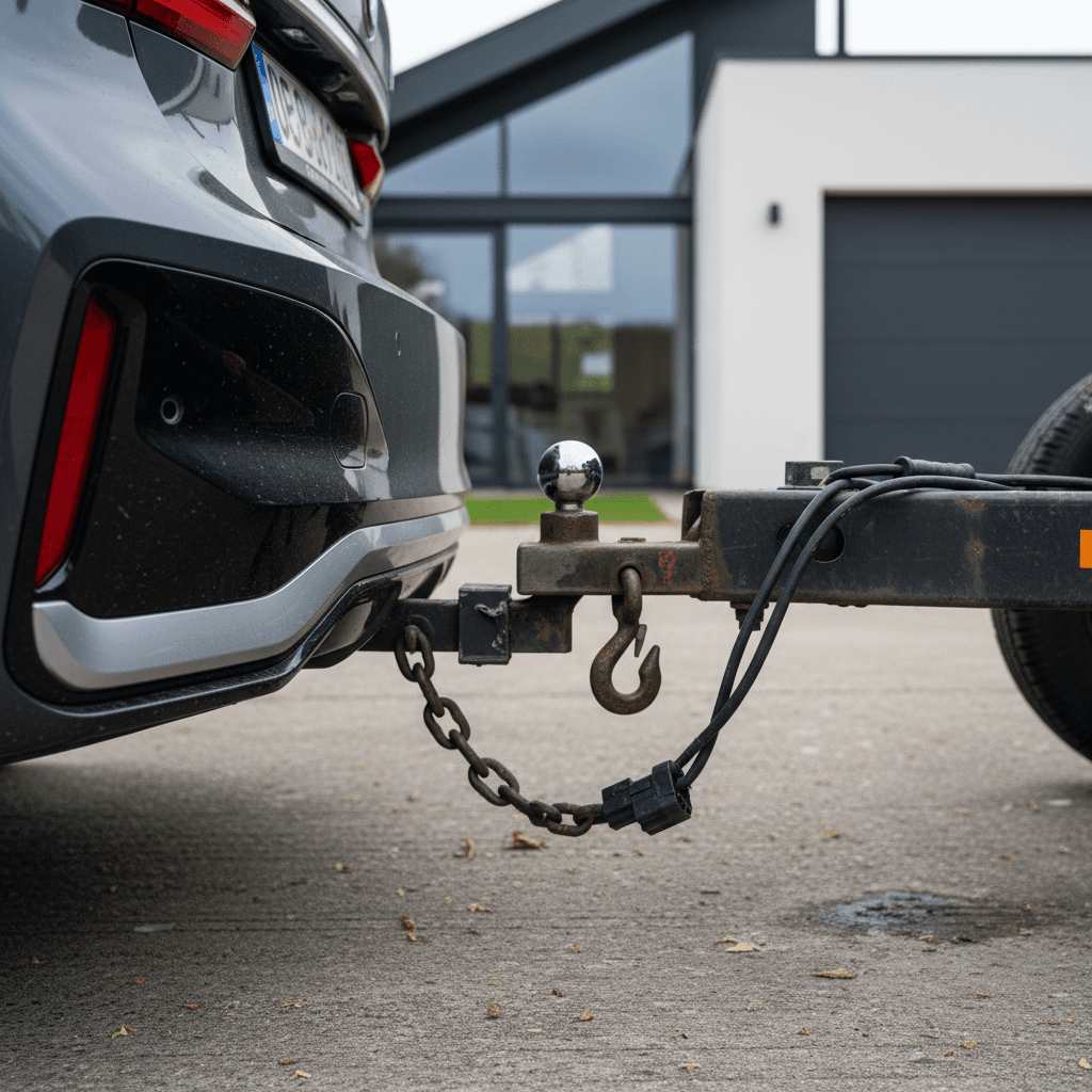 Luxury electric sedan with a compact trailer attached to a discreet tow hitch in a driveway