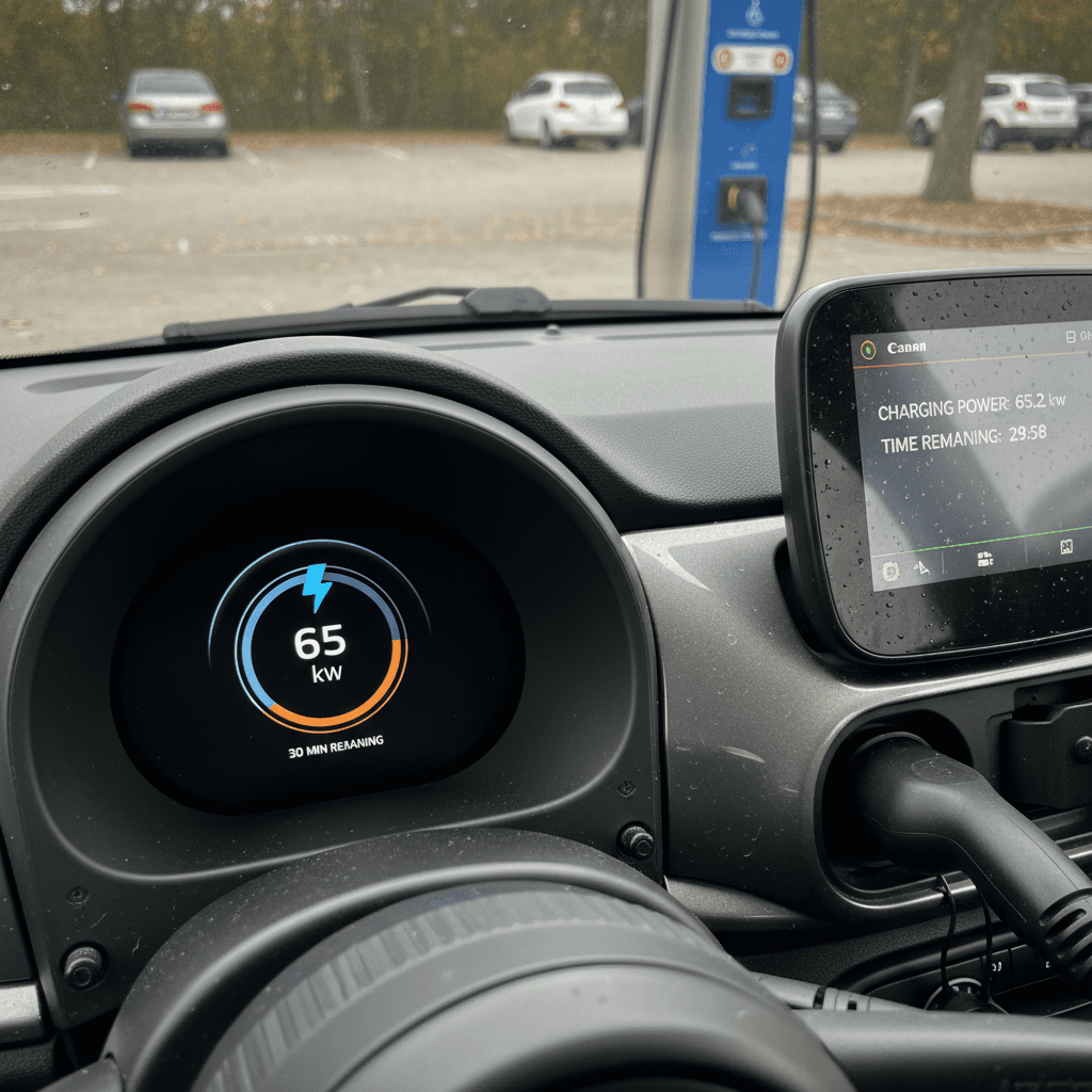 Close-up of a Fiat 500e plugged into a DC fast charger showing real-time charging speed on the station display