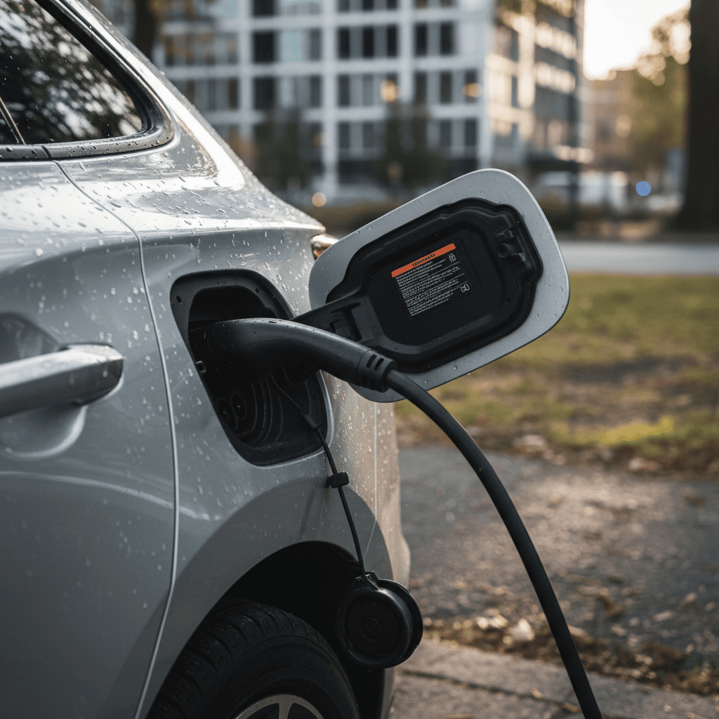 2024 Porsche Macan Electric plugged into a DC fast-charging station, showing charge cable attached at the rear fender