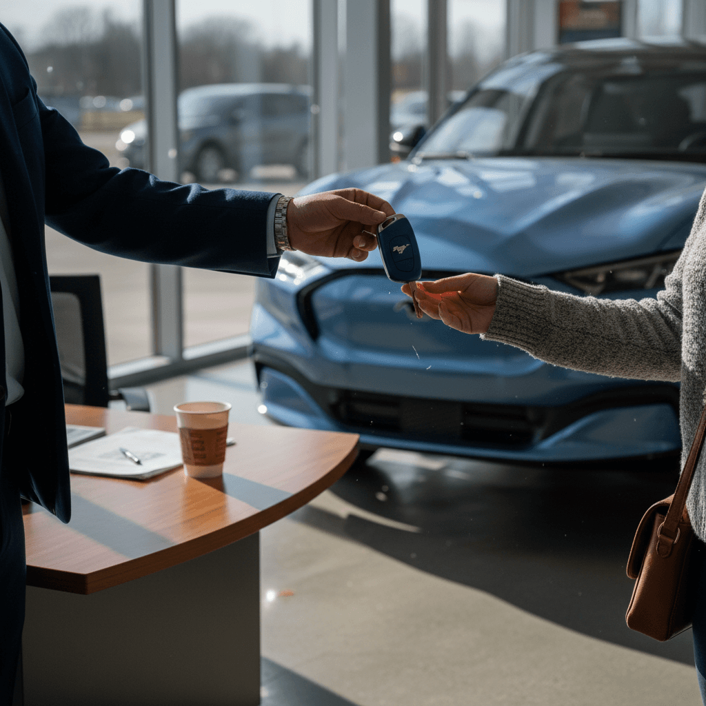 Owner handing keys of a Ford Mustang Mach‑E to a buyer at a modern EV-focused showroom