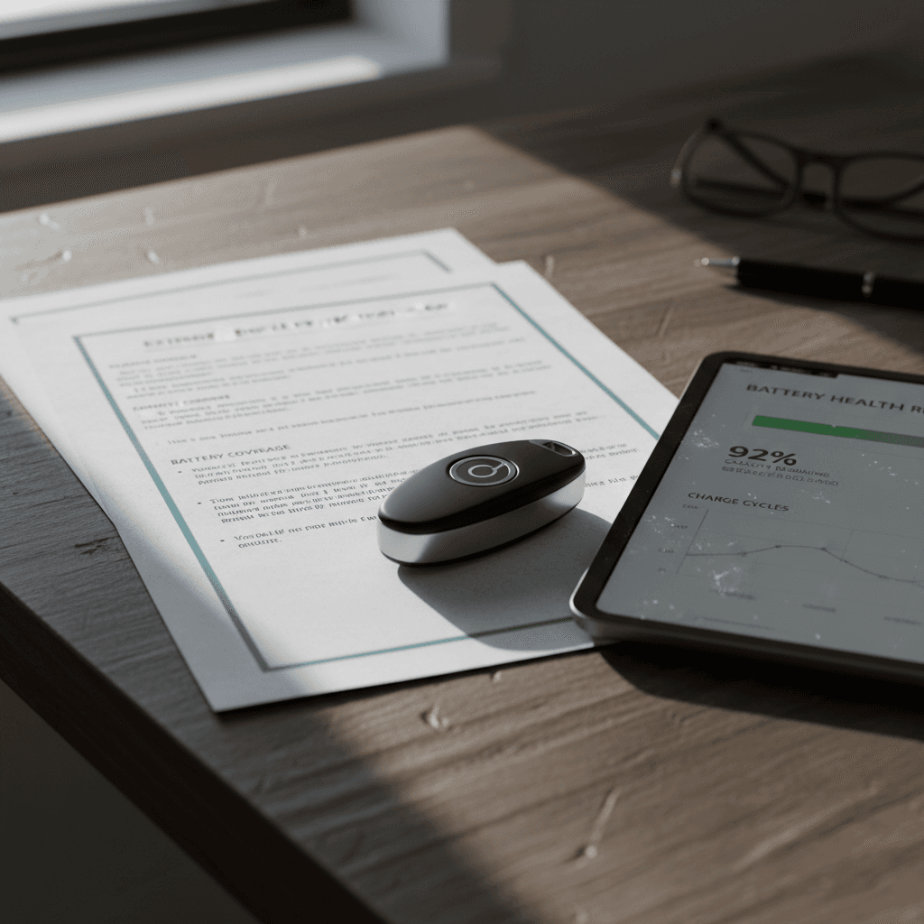 Electric vehicle key fob and warranty documents beside a tablet showing a detailed EV battery health report
