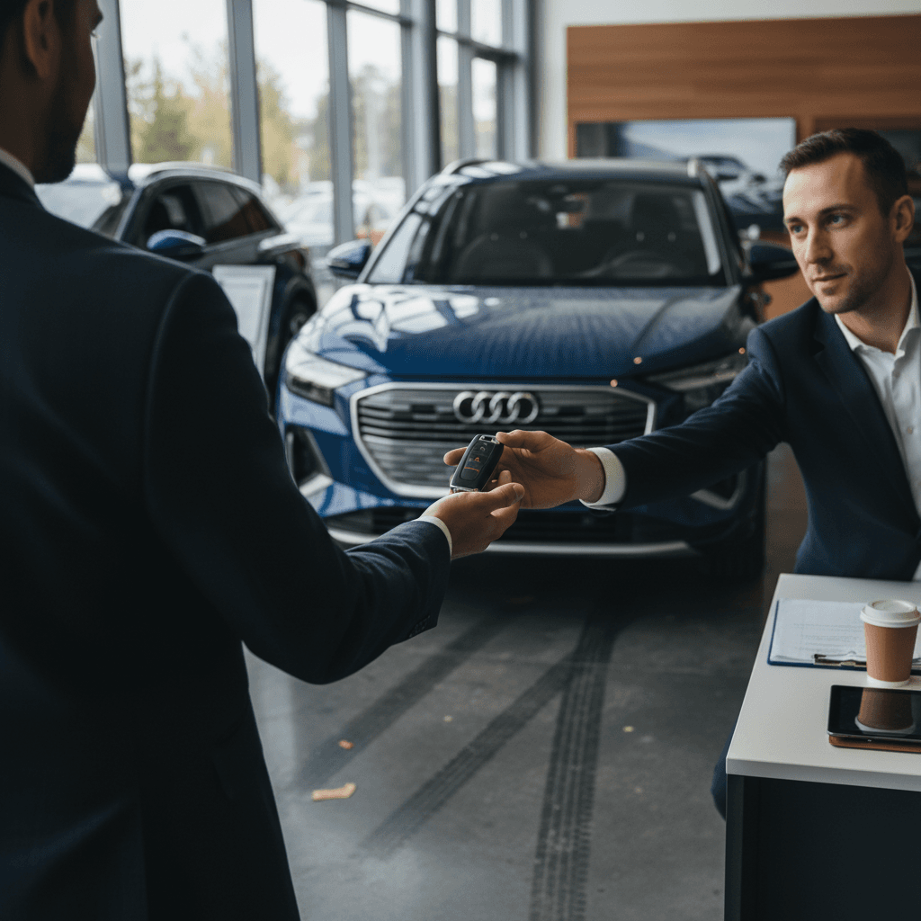 Audi Q4 e-tron owner handing keys to a buyer inside a modern, bright EV showroom