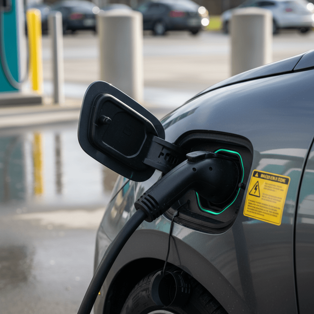 Hyundai Ioniq 6 charging port and high voltage warning label while plugged into a fast charger