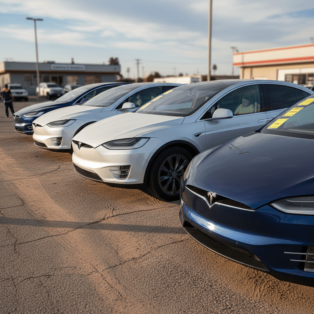 Row of used Tesla Model X SUVs lined up on a lot with price stickers in the windows