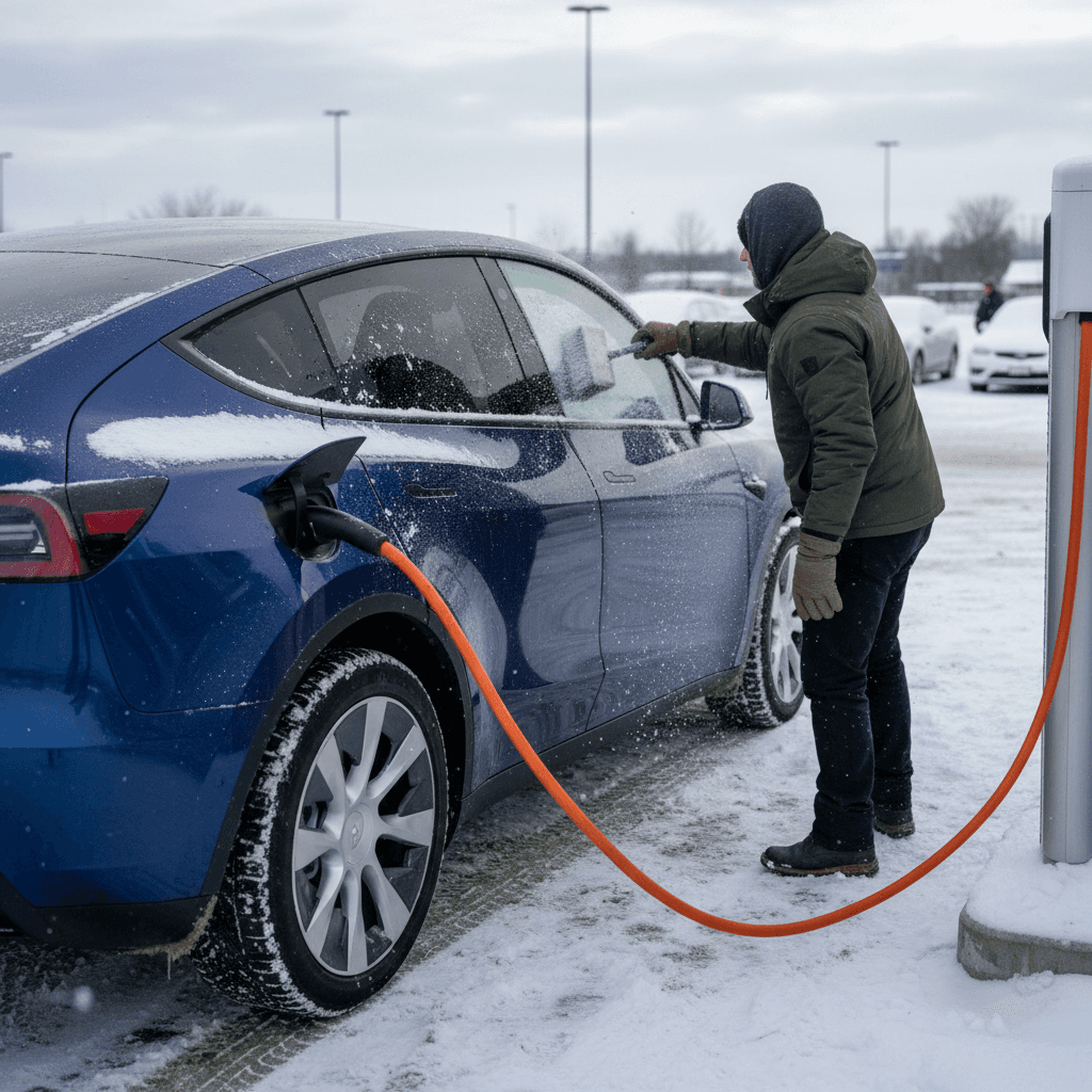 Tesla Model Y charging at a fast charger in a snowy parking lot with snow piled around the stalls
