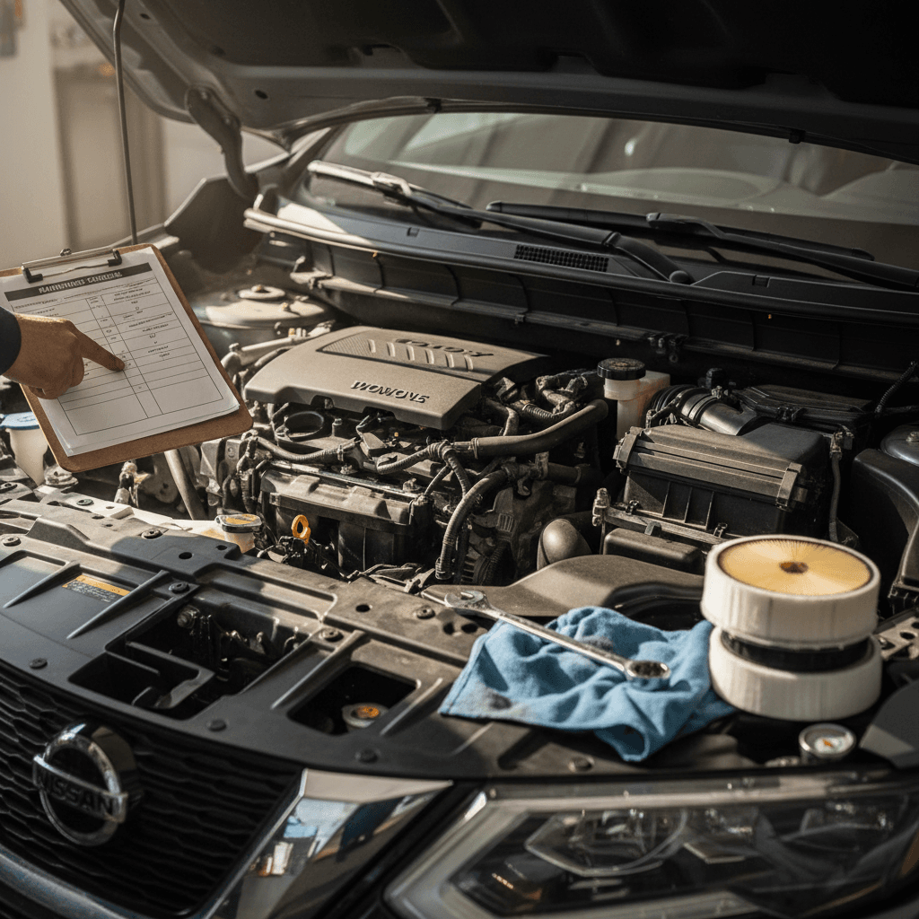 Mechanic performing routine maintenance on a compact SUV in a service bay