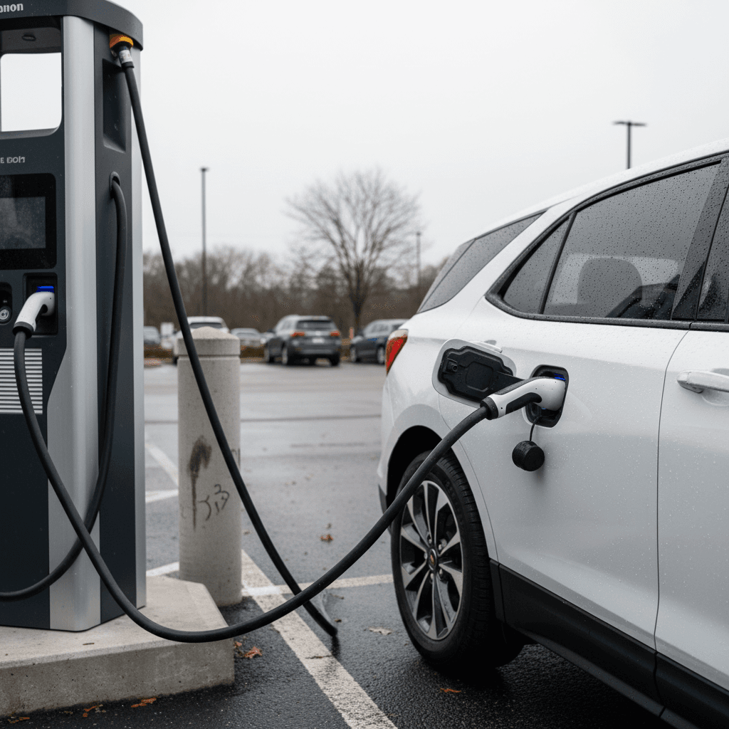Chevy Equinox EV plugged into a DC fast charging station in a parking lot