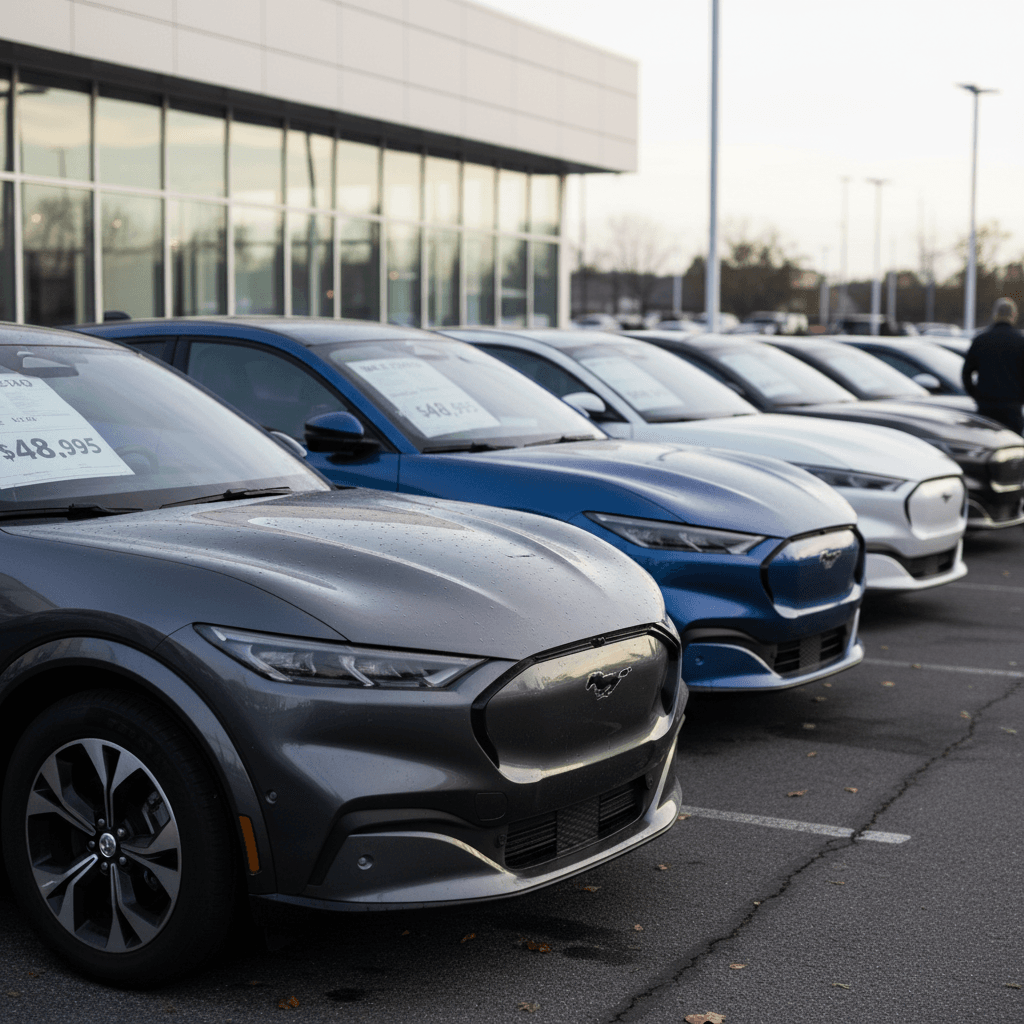 Row of used Ford Mustang Mach‑E crossovers parked at a dealer lot with price stickers on the windshields