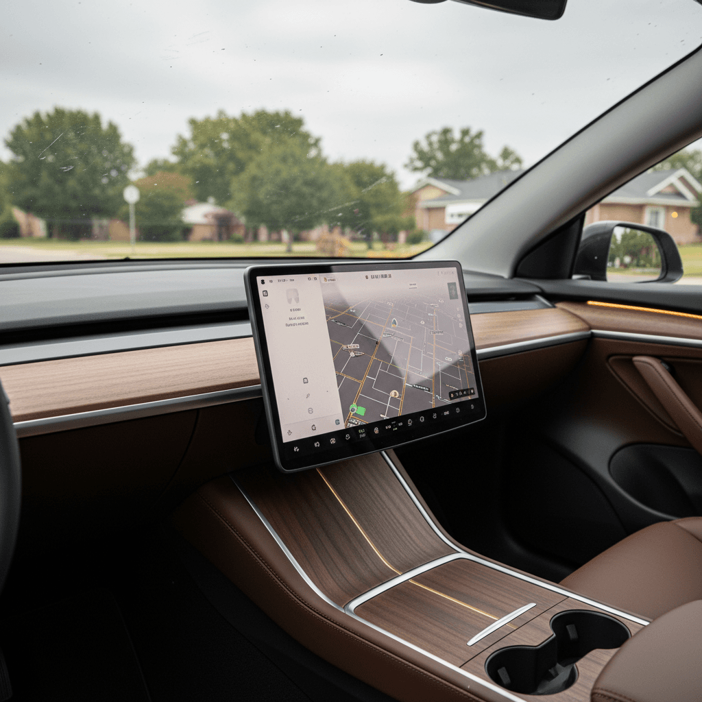 2025 Tesla Model Y interior with upgraded materials, wraparound ambient lighting and panoramic glass roof