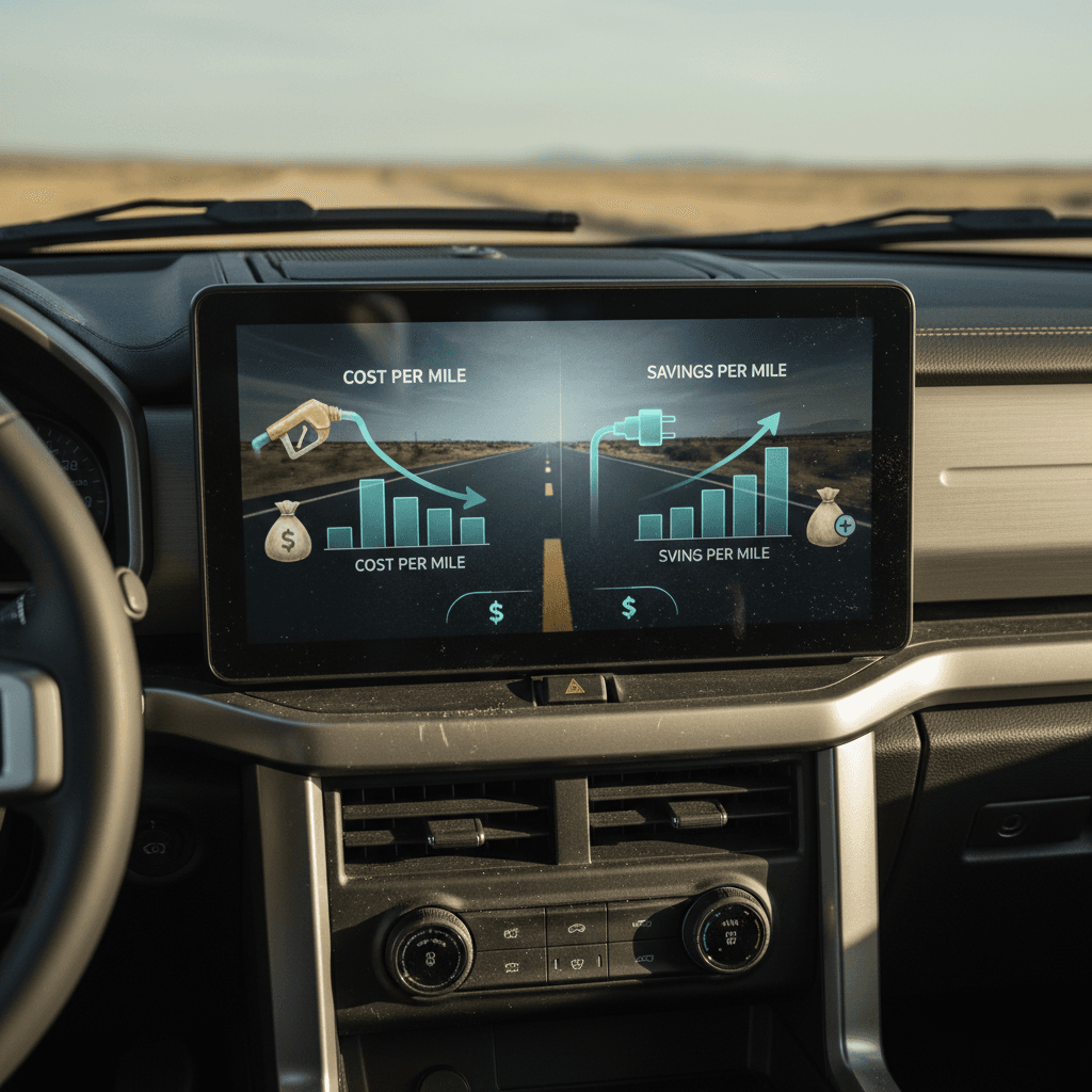 Illustration contrasting gasoline costs for a Ford F-150 with electricity costs for a Rivian R1T, highlighting lower running costs for the EV pickup