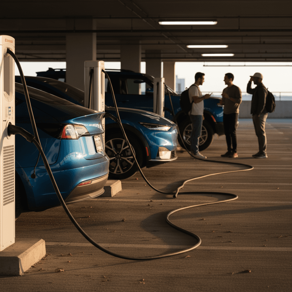 Several electric cars charging at public fast-charging stations in a US parking lot