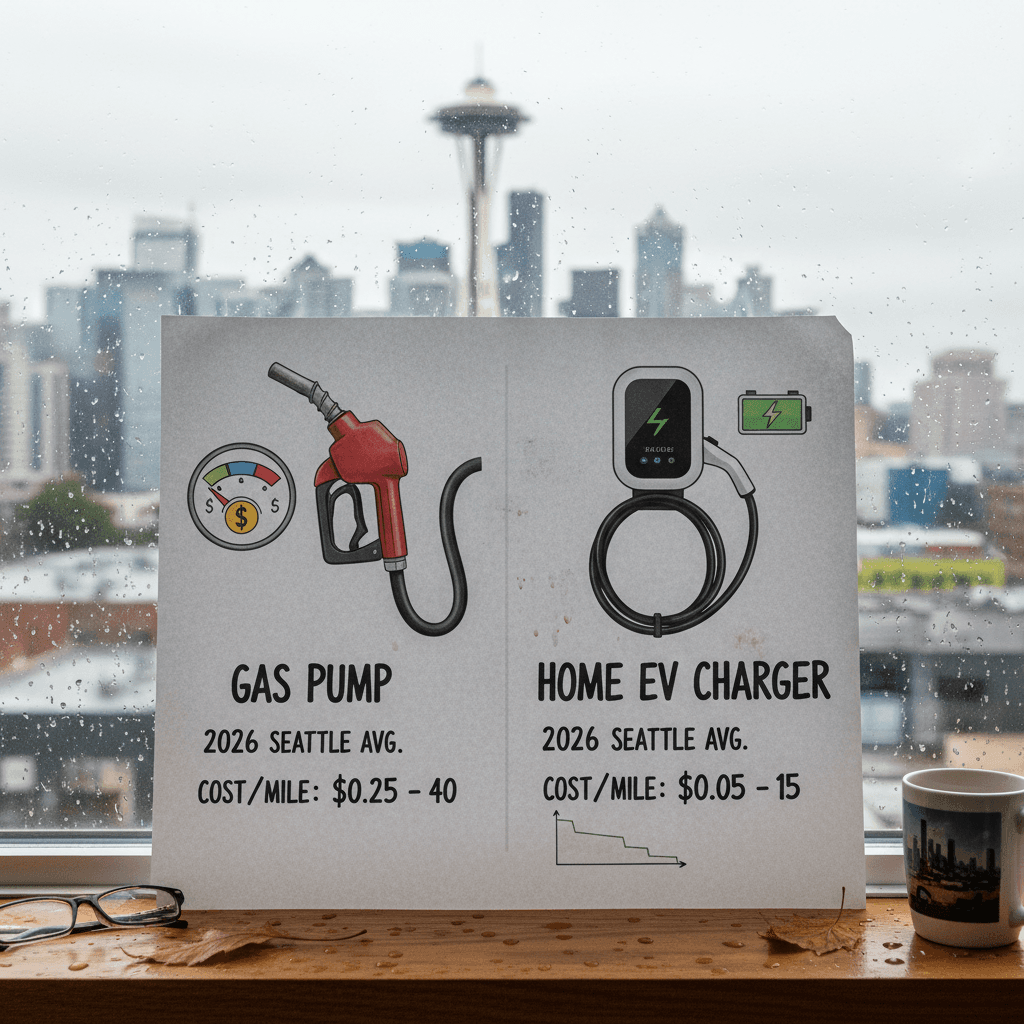 Comparison chart showing cost per mile for gasoline vs home and public EV charging options in Seattle for 2026.