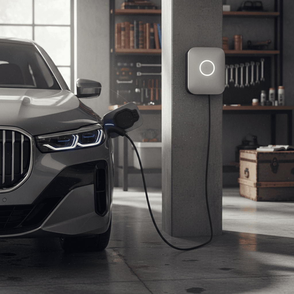 BMW i7 plugged into a fast charger with cost per kWh shown on the charger screen