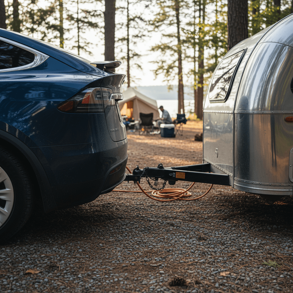 Tesla Model X hitched to a small camping trailer at a wooded campsite with charging cable plugged in