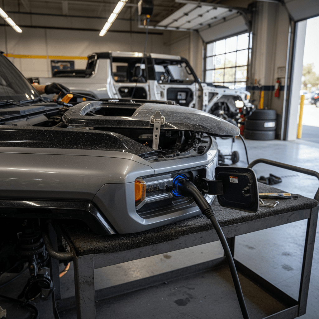 Technician inspecting the removable roof panels and seals on a 2022 GMC Hummer EV in a service bay