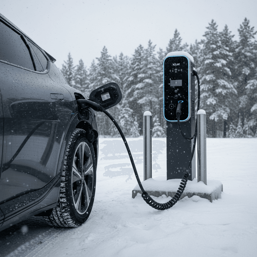 Kia EV6 plugged into a DC fast charger at a snowy public station, showing charging status on the screen