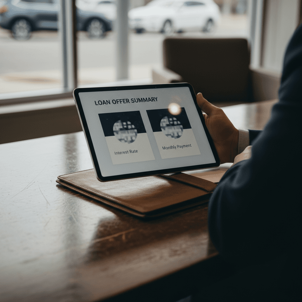Customer reviewing a used EV loan offer and battery health report on a tablet with a salesperson