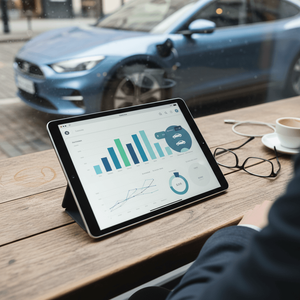 Electric SUVs lined up at public charging stations in a parking lot