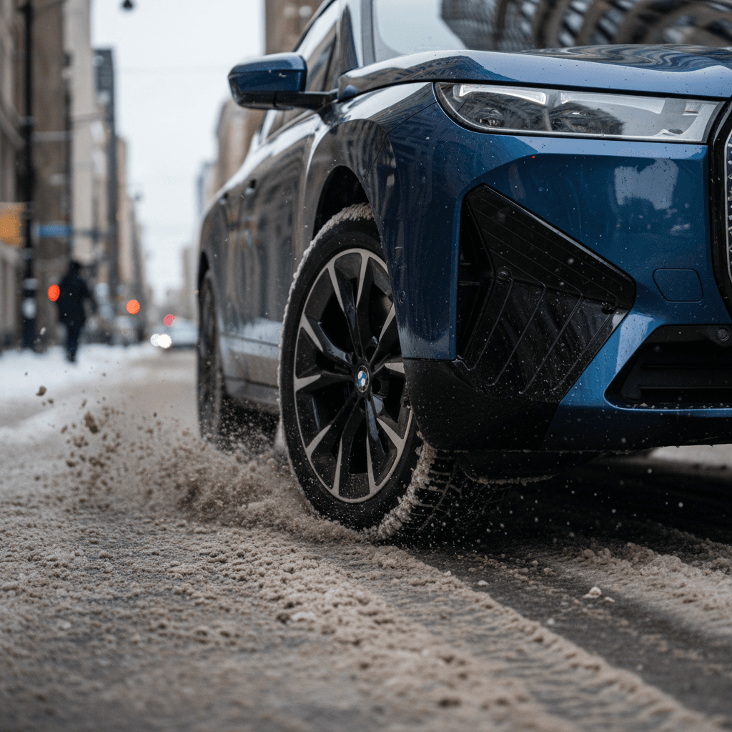 BMW iX front wheel and winter tire driving through slushy city street, showing tread pattern and spray