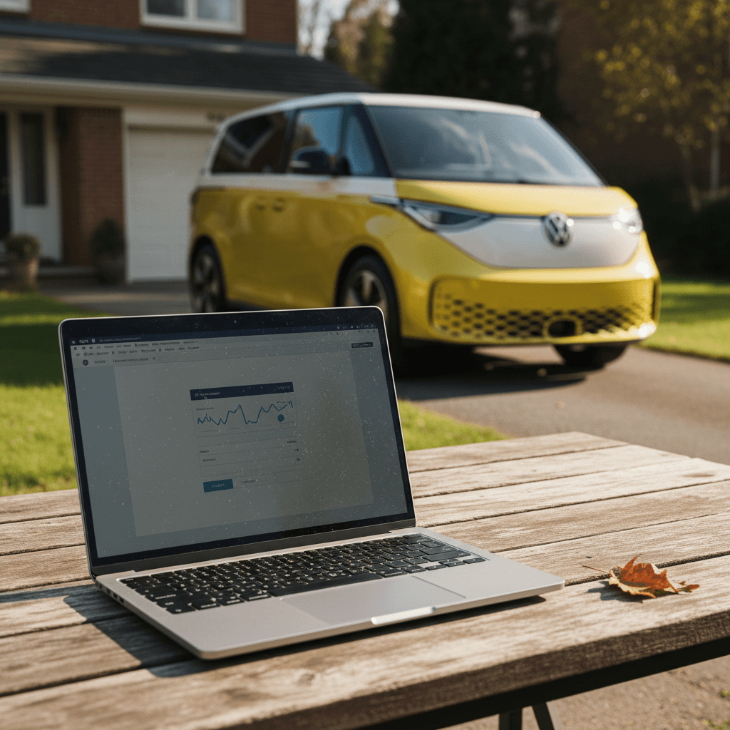Laptop showing an auto loan calculator screen while a Volkswagen ID. Buzz is parked in a driveway outside a window