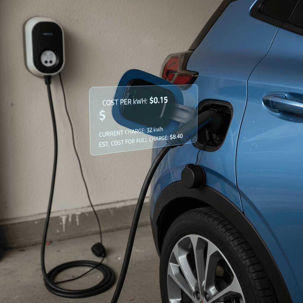Chevrolet Bolt EUV plugged into a home Level 2 charger in a driveway, illustrating low electricity cost per mile