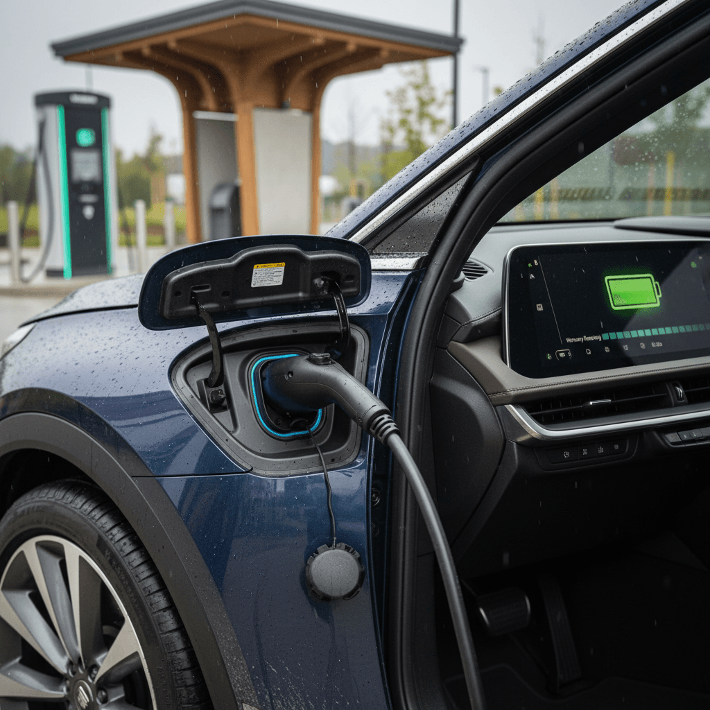Cadillac Lyriq plugged into a home charger with battery status information visible on the center screen