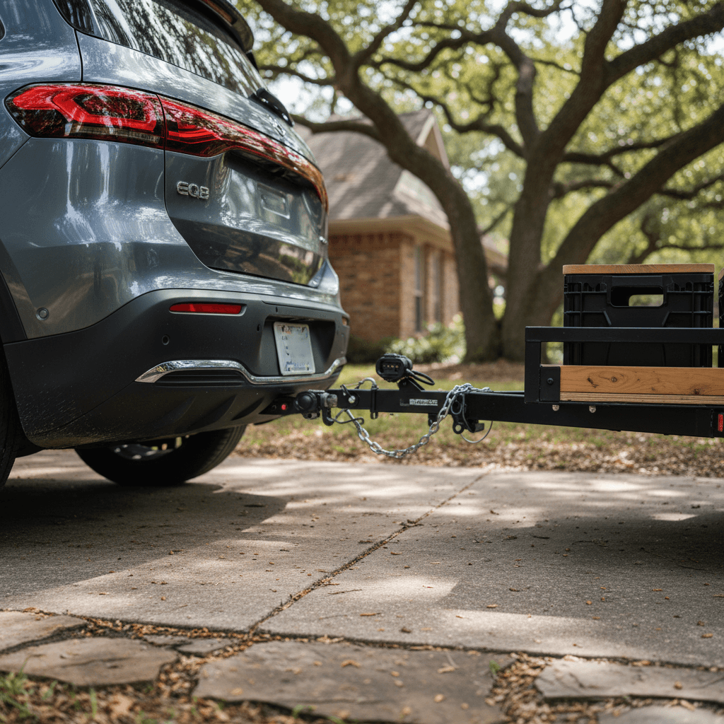 Mercedes EQB with a small cargo trailer attached to the factory tow hitch in a driveway