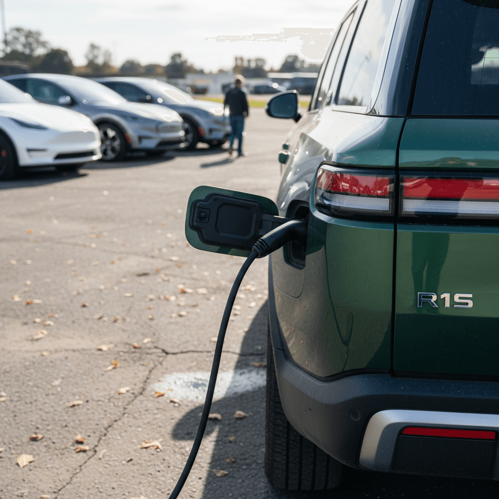 Used Rivian R1S being charged at a dealership, showing charging port and rear of the vehicle