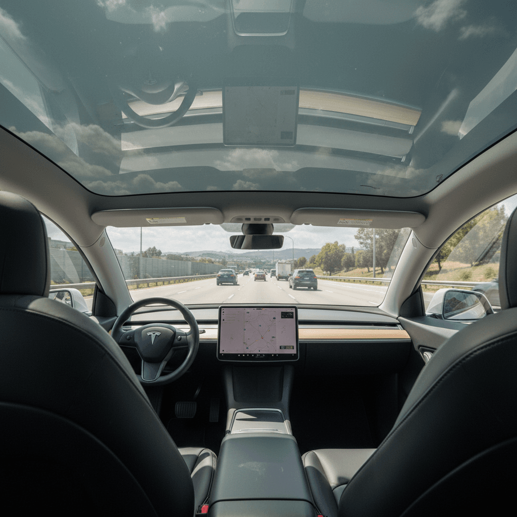 Interior of a Tesla Model Y cruising on the highway, showing panoramic glass roof and cabin surfaces that influence noise levels
