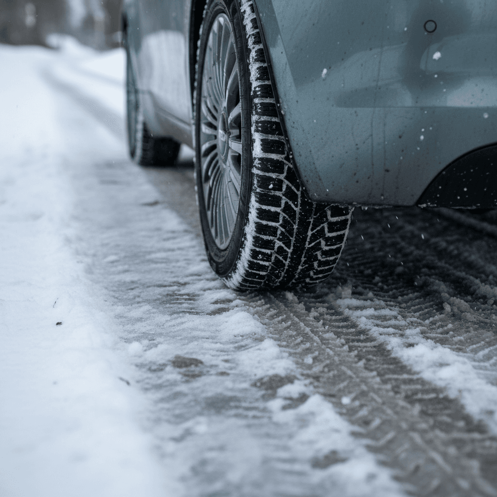 Close view of a Fiat 500e front wheel and tire sitting in slushy snow, showing the car’s low ground clearance