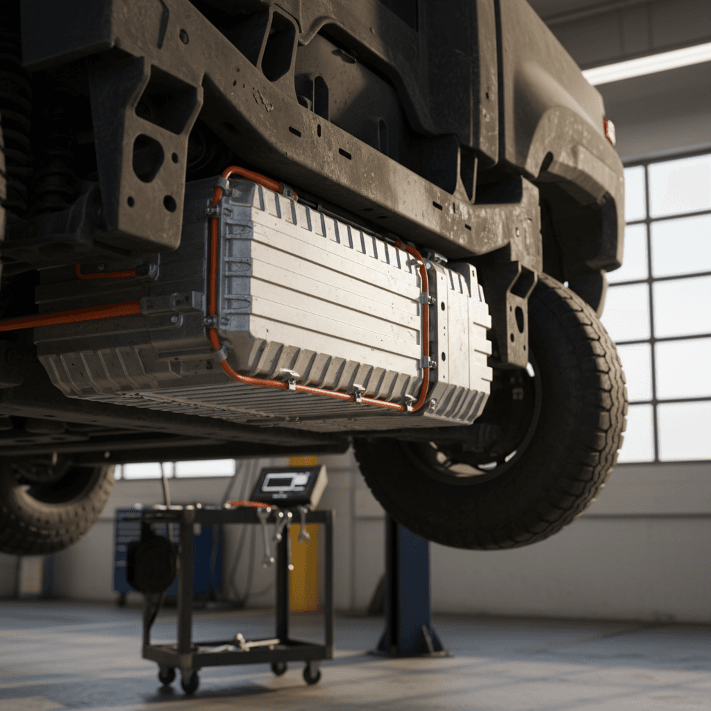 Technician inspecting an Ultium battery pack under a Chevrolet Silverado EV in a service bay