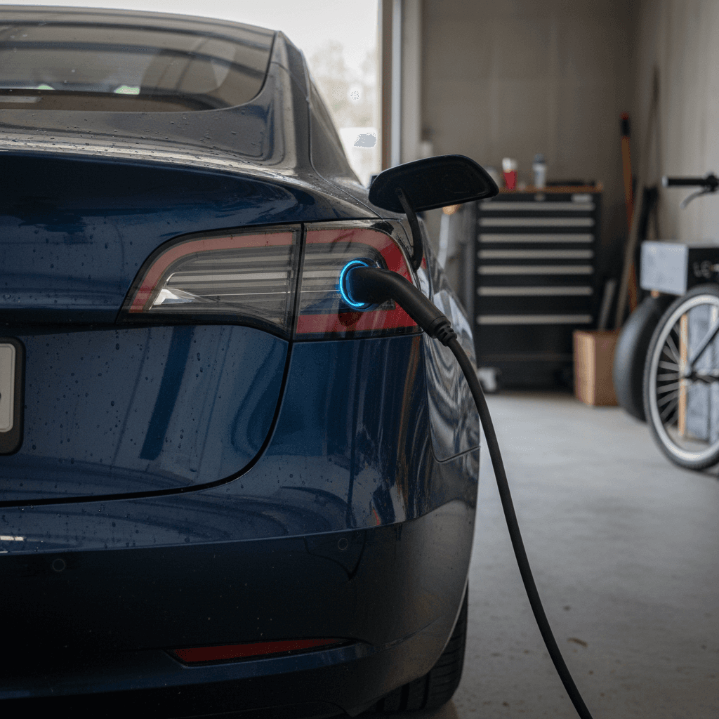 A 2021 Tesla Model 3 charging at a home driveway, highlighting the charge port and rear bodywork