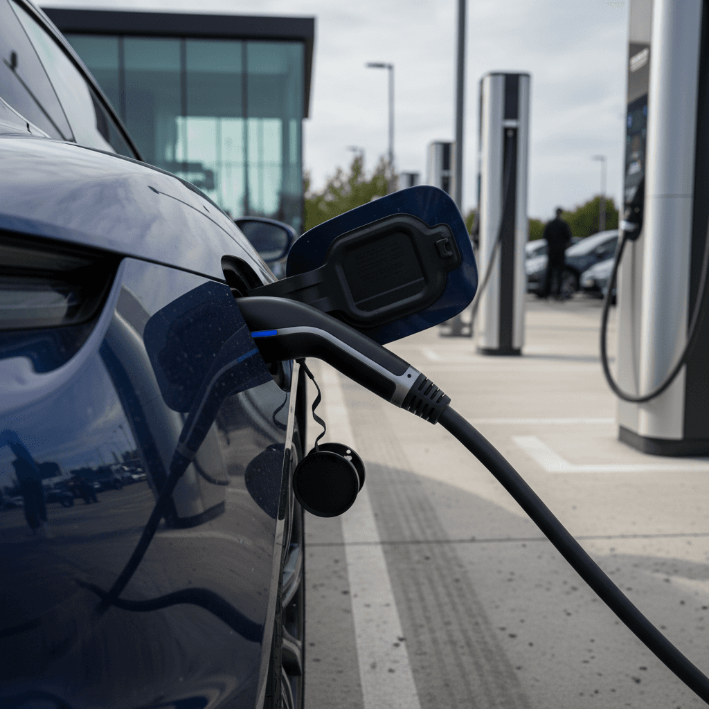 Porsche Taycan plugged into a high-power DC fast charger at a modern station during a road trip