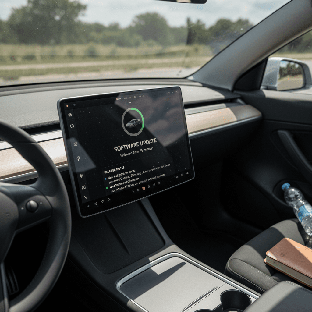 Tesla Model Y center touchscreen displaying a software update in progress and recent release notes