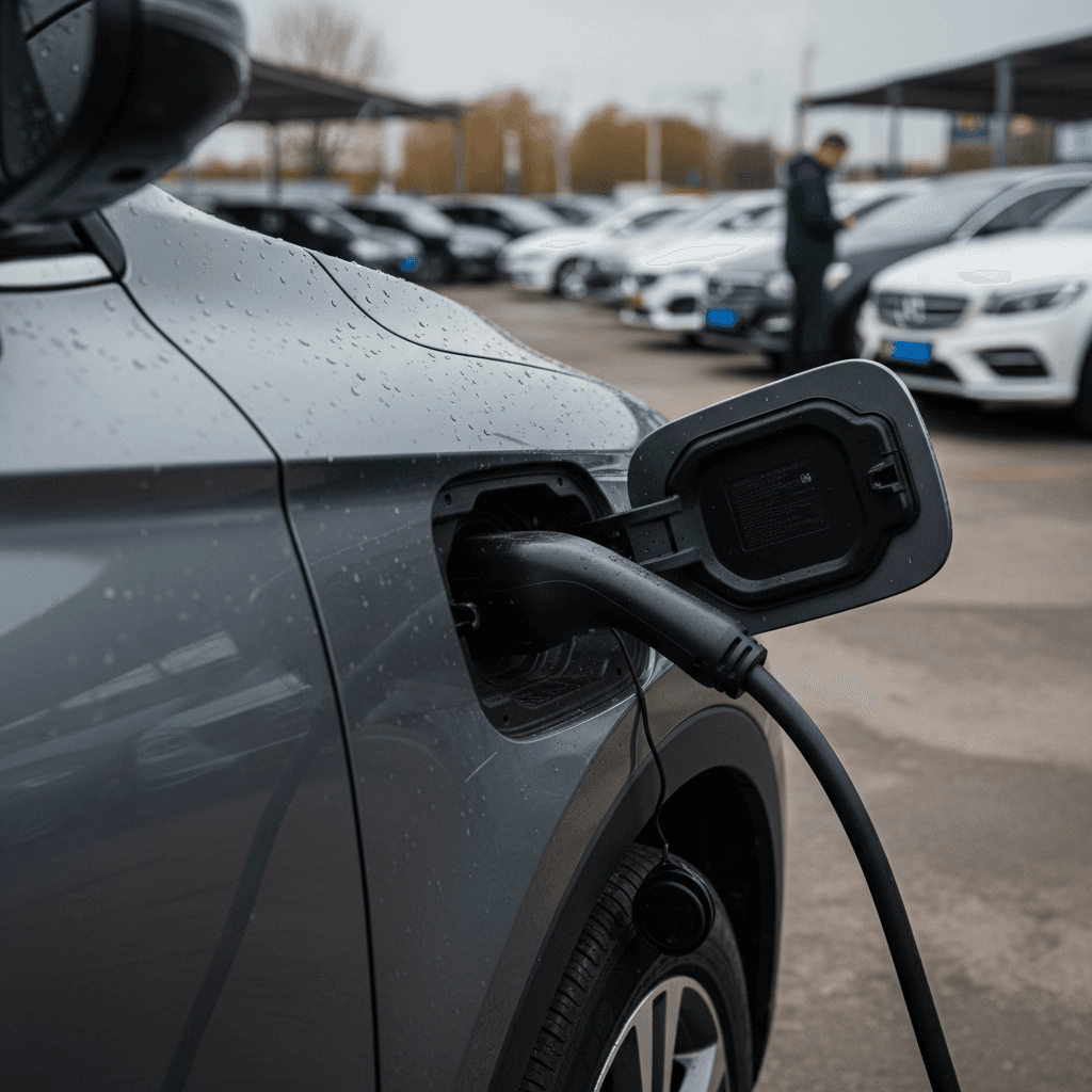 Family comparing several used cars on a dealer lot