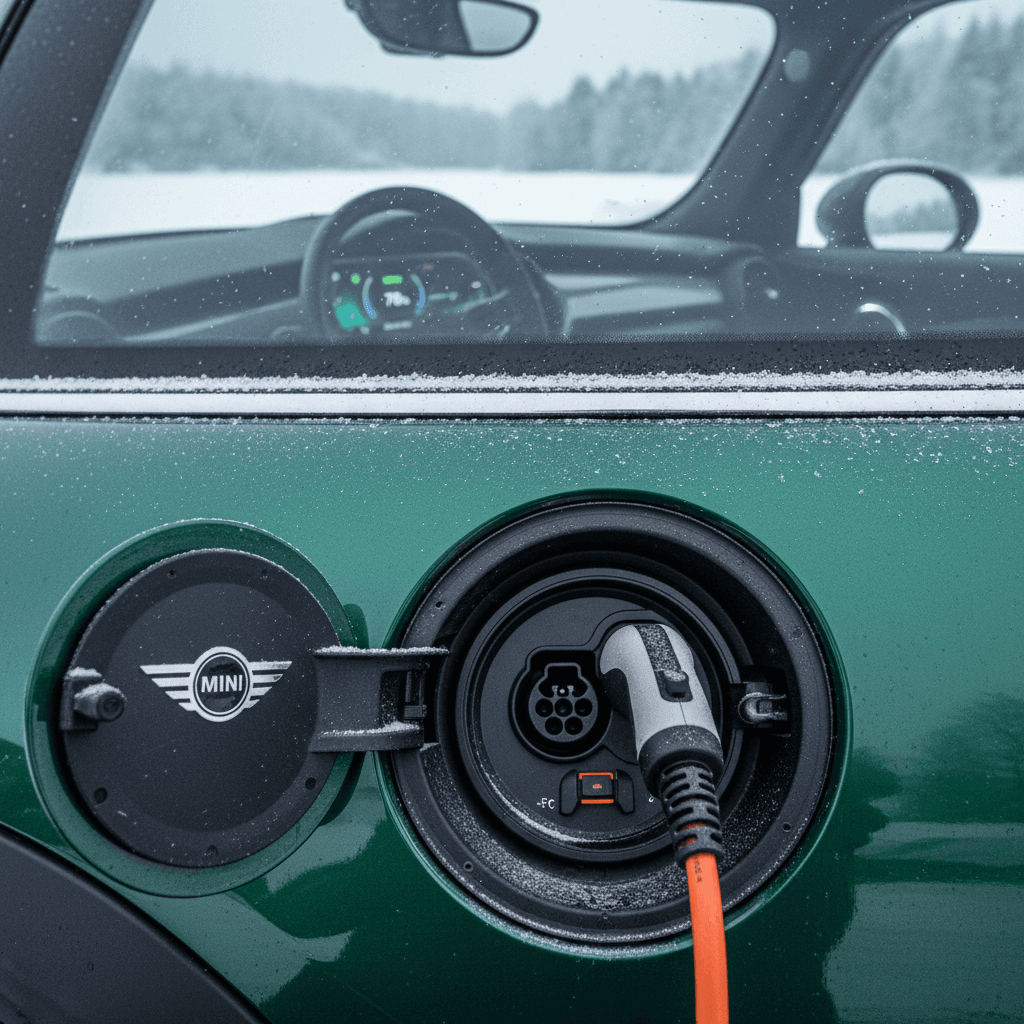 Mini Cooper Electric charge port and dashboard showing reduced range estimate on a cold day
