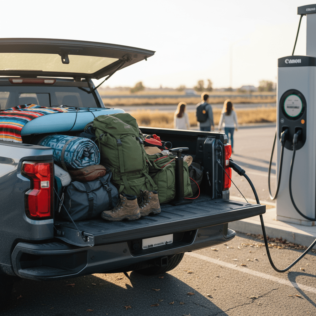Chevrolet Silverado EV parked at a highway fast charger with cargo in the bed during a family road trip